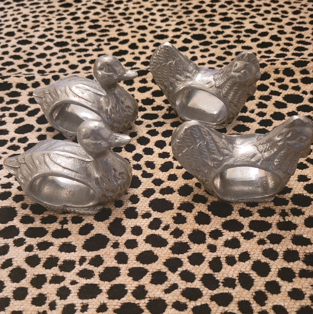 4 large vintage metal napkin rings chickens duck Heavy pewter finish set…